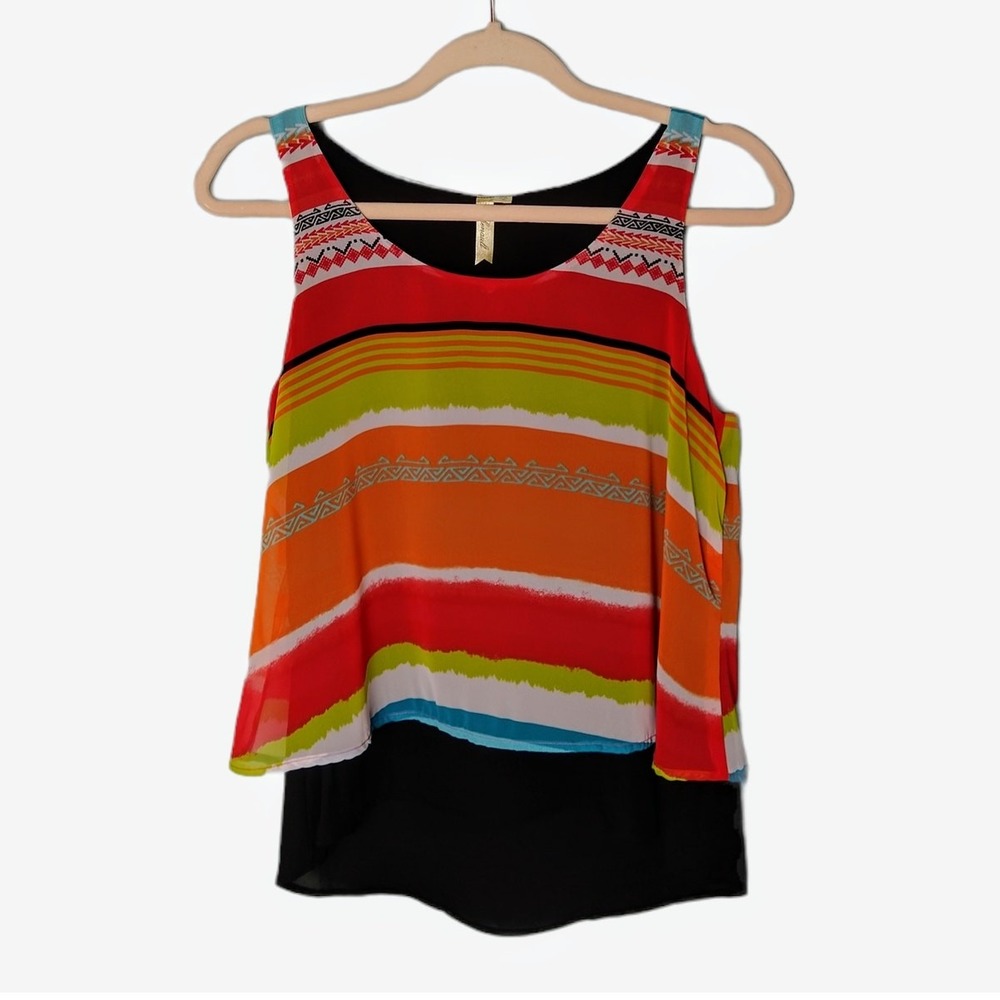 Chenault Tank Top Womens‎ PS Multicolor Geometric Striped Layered Split Back